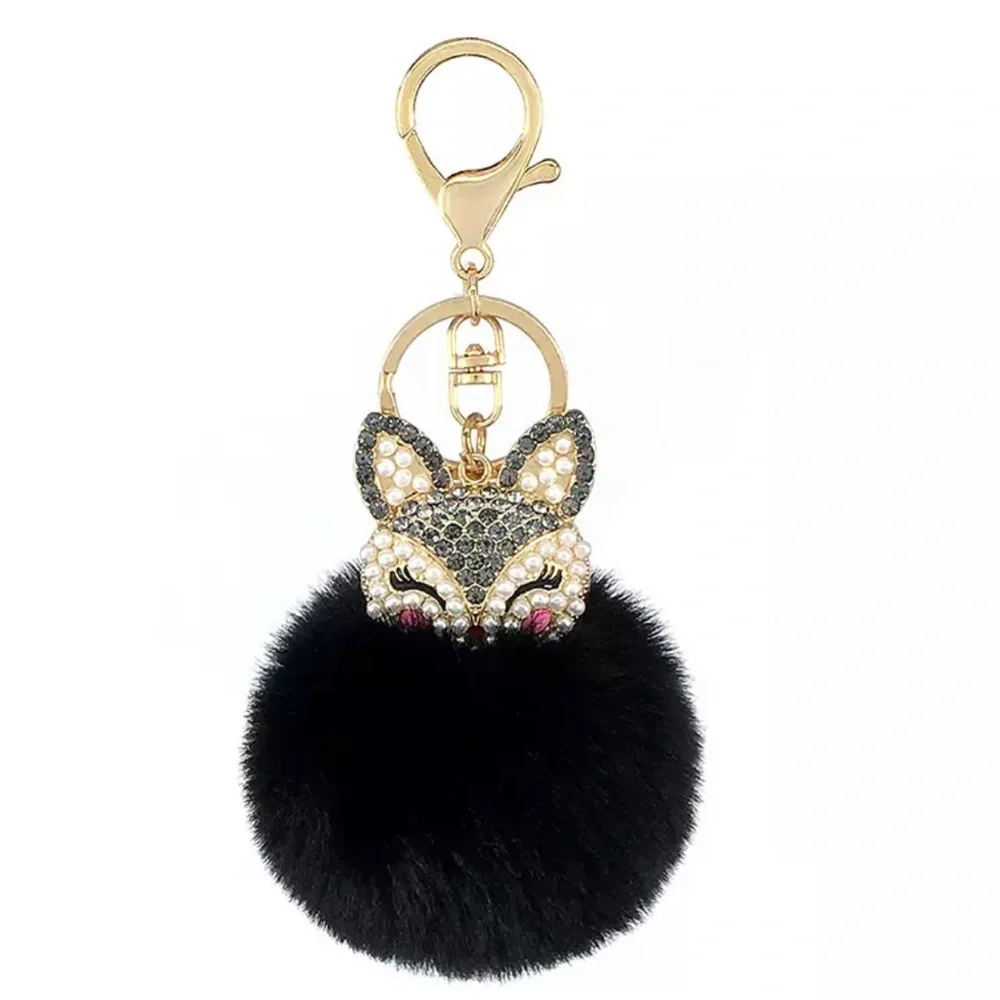New! Crystal & Pearl Black Fox Pom Keychain - Picture 1 of 4
